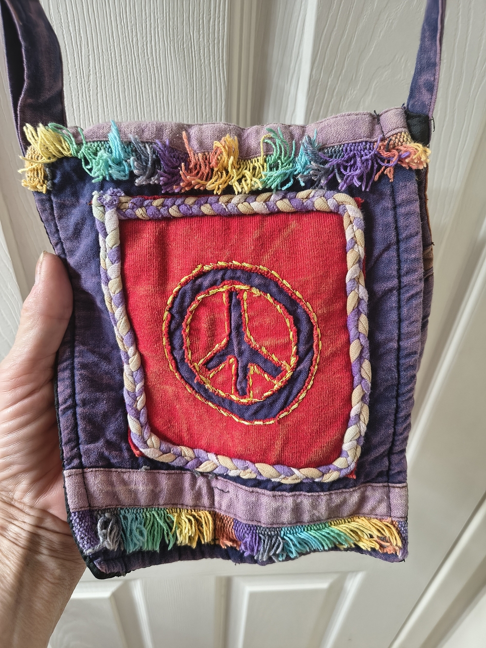 Boho Peace Sign Crossbody Bag - Purple and Red